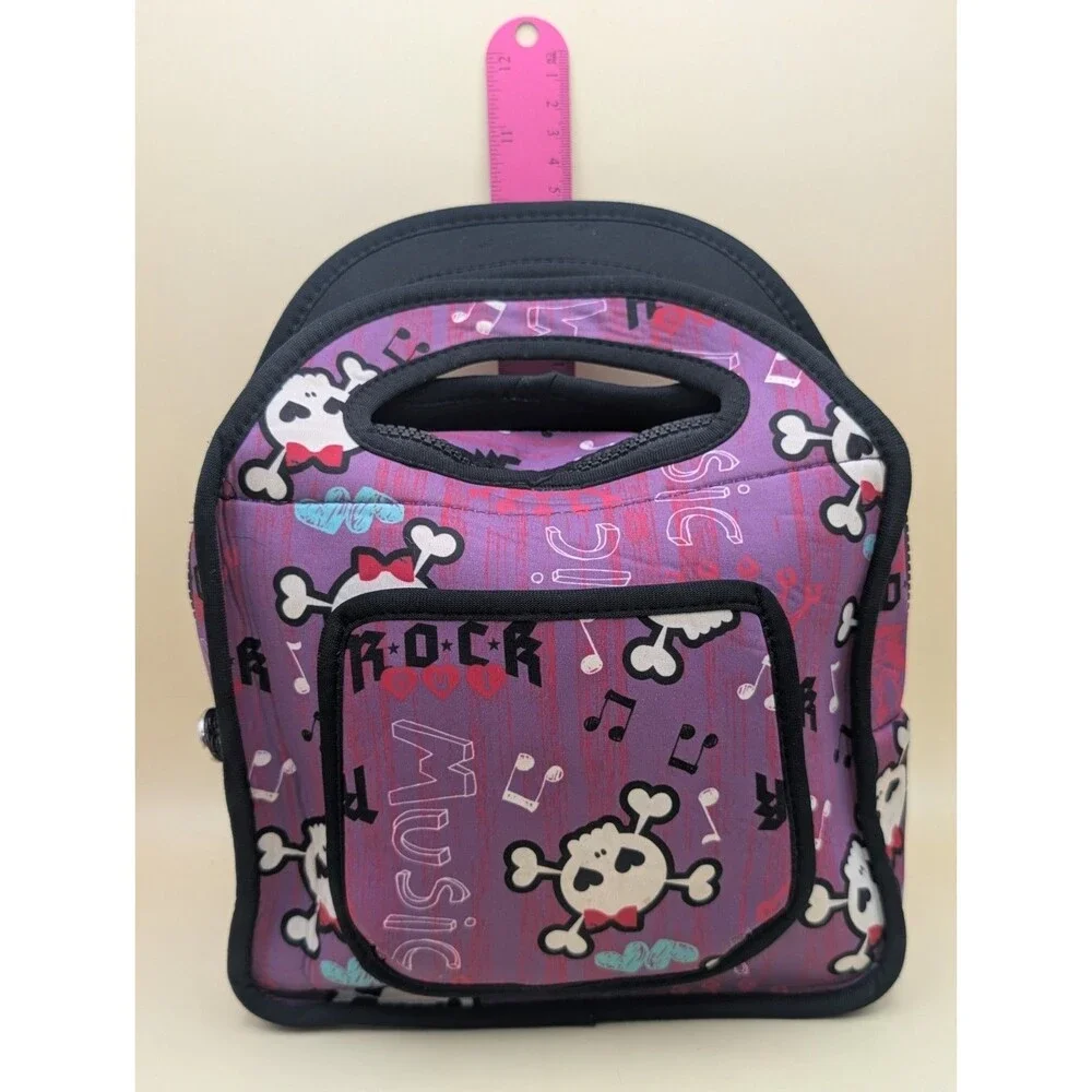 Insulated Neoprene Lunch Bag Tote Punk Rock Music Skull Crossbones Purple Pink